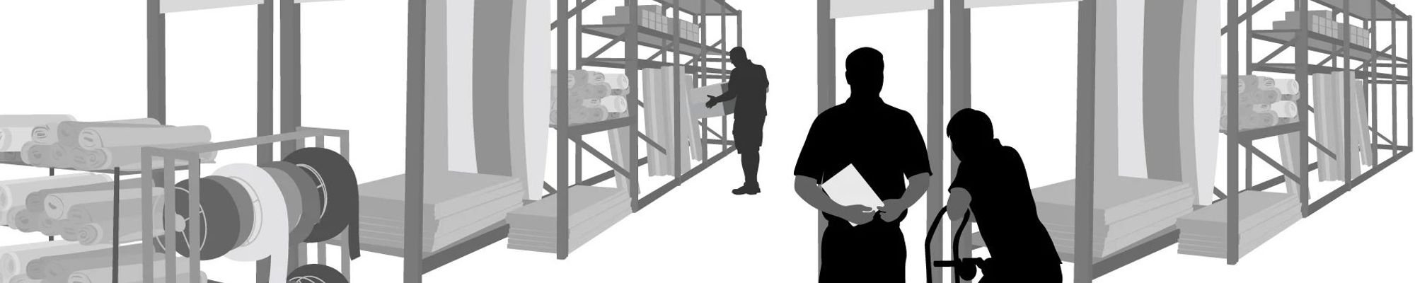 Grayscale graphic of employees in a warehouse from Flooring Now in Manassas, VA