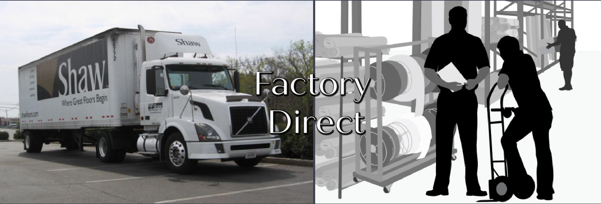 A truck next to a grayscale graphic of workers in a warehouse - Factory Direct flooring from Flooring Now in Manassas, VA